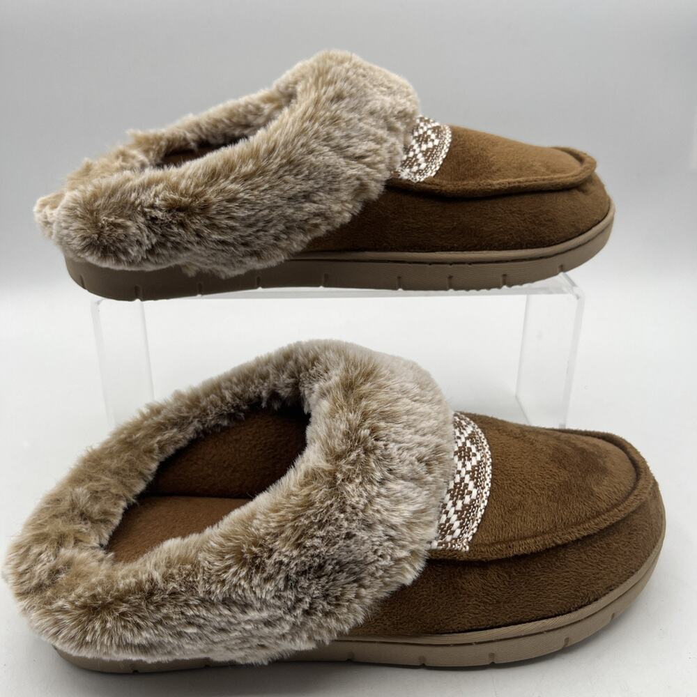Isotoner Faux Fur Lined Slip-On Slippers Brown Fur Trim Closed Toe Sz 6.5-7 NEW